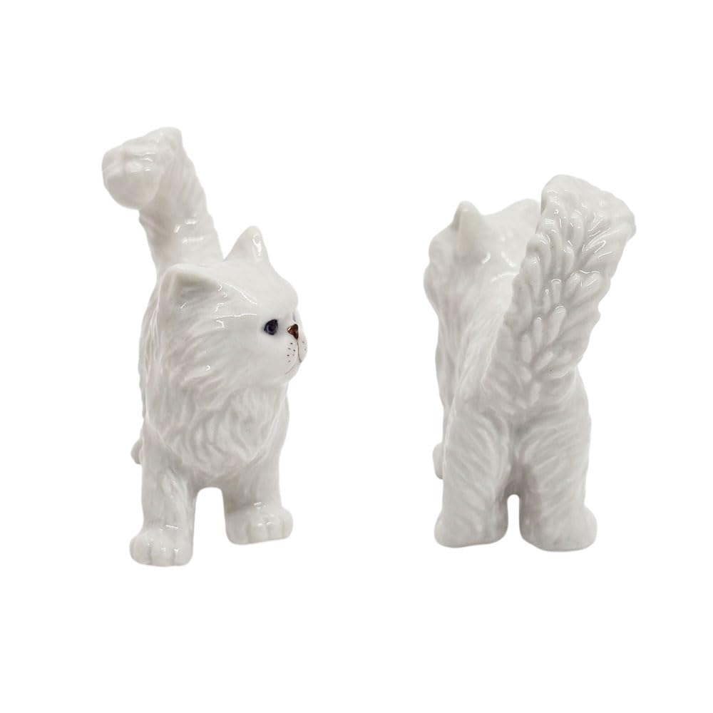 WitnyStore 2½" White Persian Longhair Cat Stand Look Left Ceramic Figurine Terrarium Decoration Collectible Statue for Adult Collectors Handcrafted Porcelain Sculpture Home Room Tabletop Decors