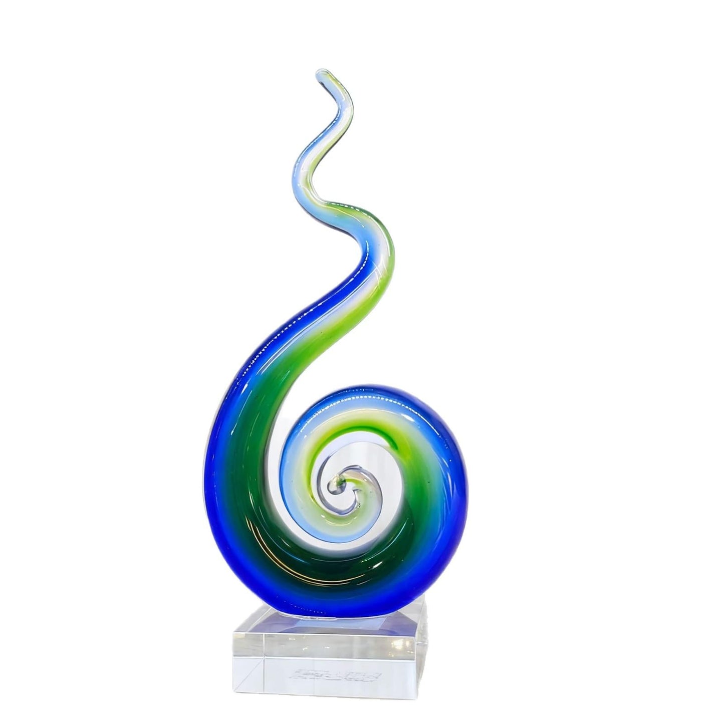 WINGSIGHT Handmade Blown Glass Sculpture, Abstract Spiral Design, Blue and Green Art Ornament with Clear Base, European Style Tabletop Decor