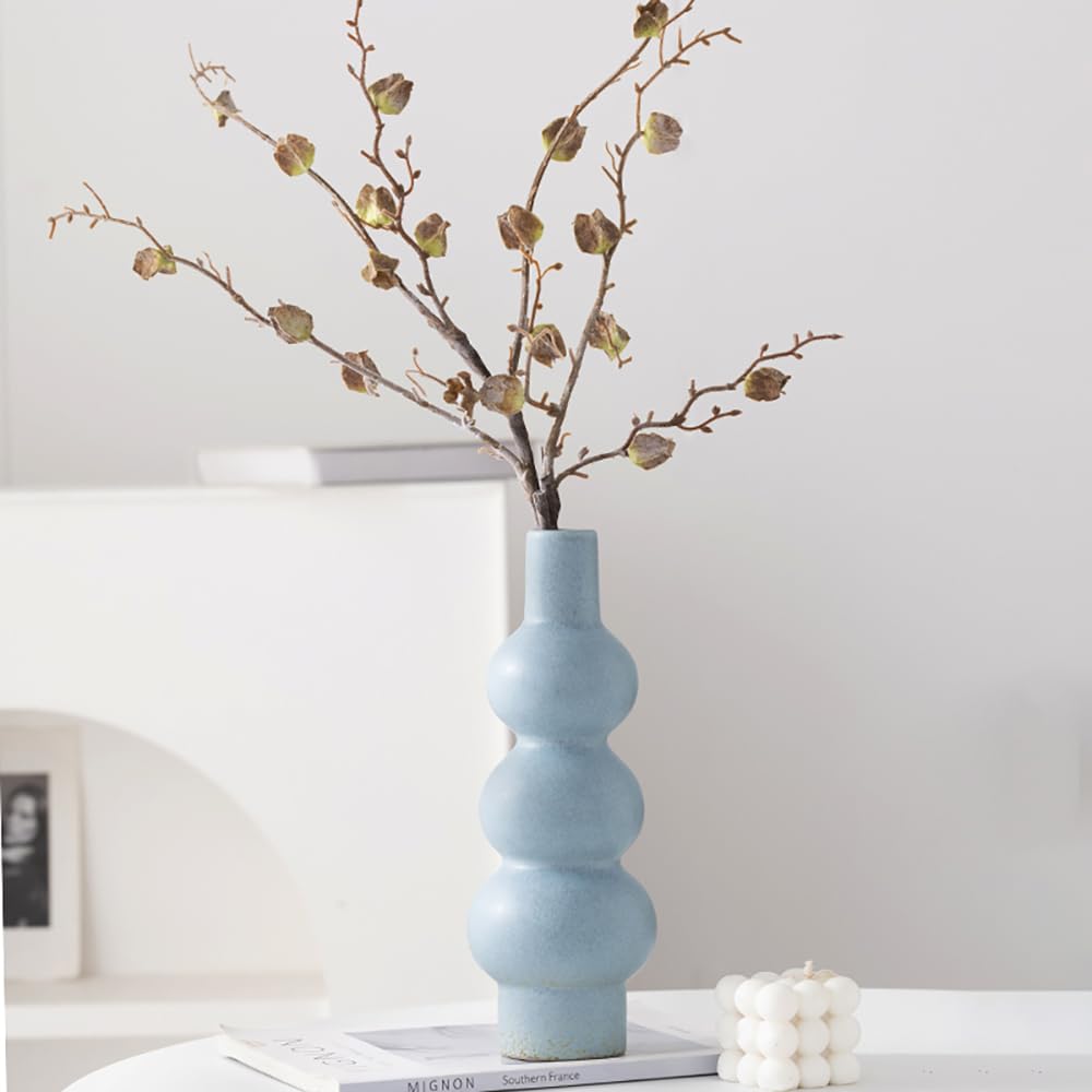 Tmtior 11" Matte Blue Ceramic Vase, Textured Bubble Stacked Ball Flower Vase for Modern Nordic Home Decor, Geometric Porcelain Vases for Bookshelf, Coffee Table, Mantel, Boho Aesthetic Gift