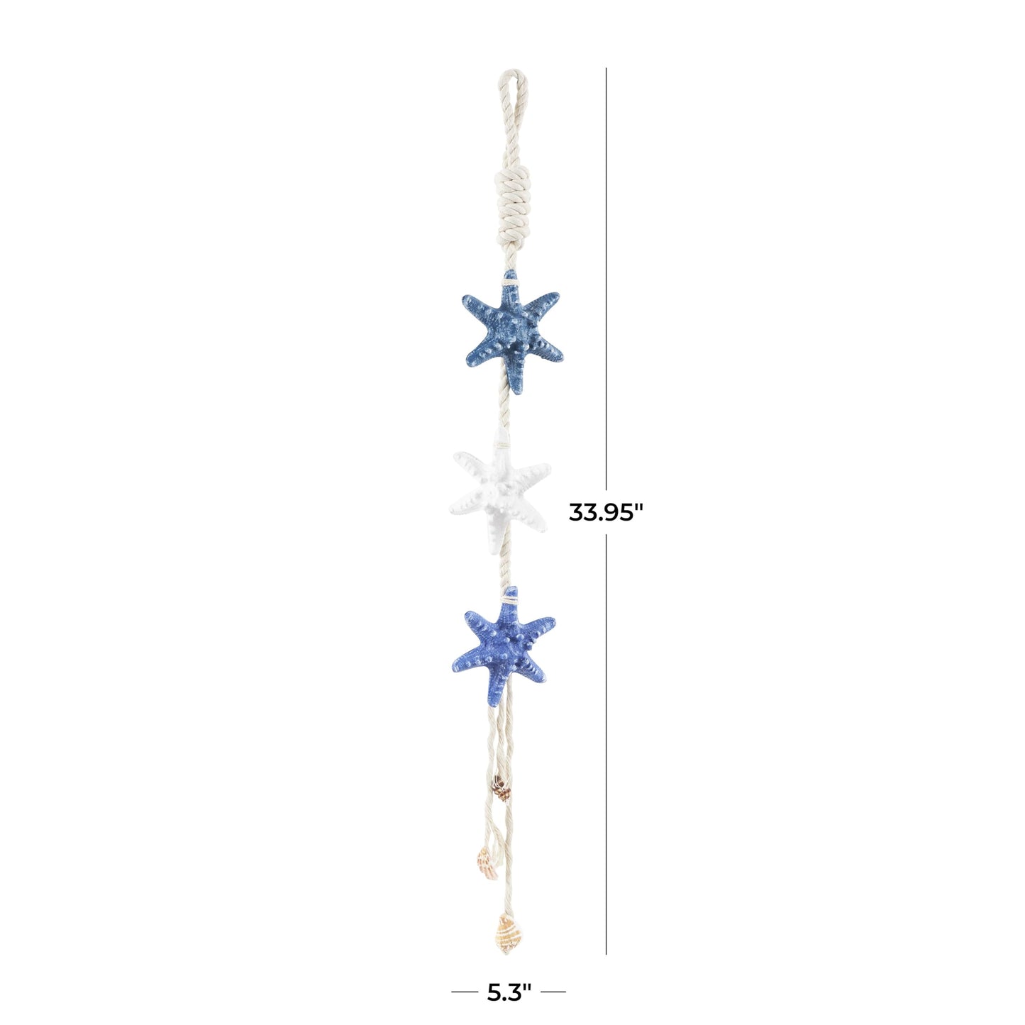 Deco 79 Resin Starfish Handmade Home Wall Decor Layered Wall Sculpture with White Hanging Rope and Seashell Accents, Wall Art 5" x 2" x 34", Cream