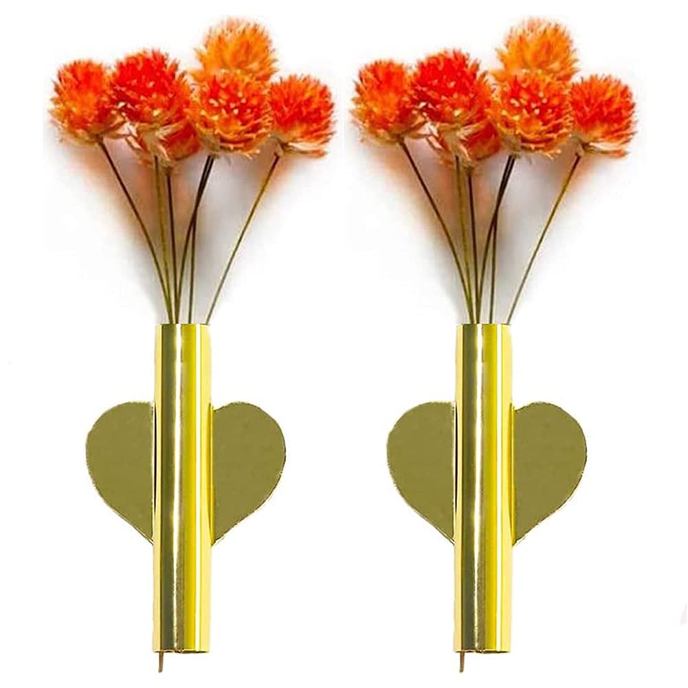 2 Pieces Wall Mounted Flower Tube for Flower Display Decoration, Wall Metal Vase Decoration Holder with Adhesive Tape (Heart-Shaped, Gold)