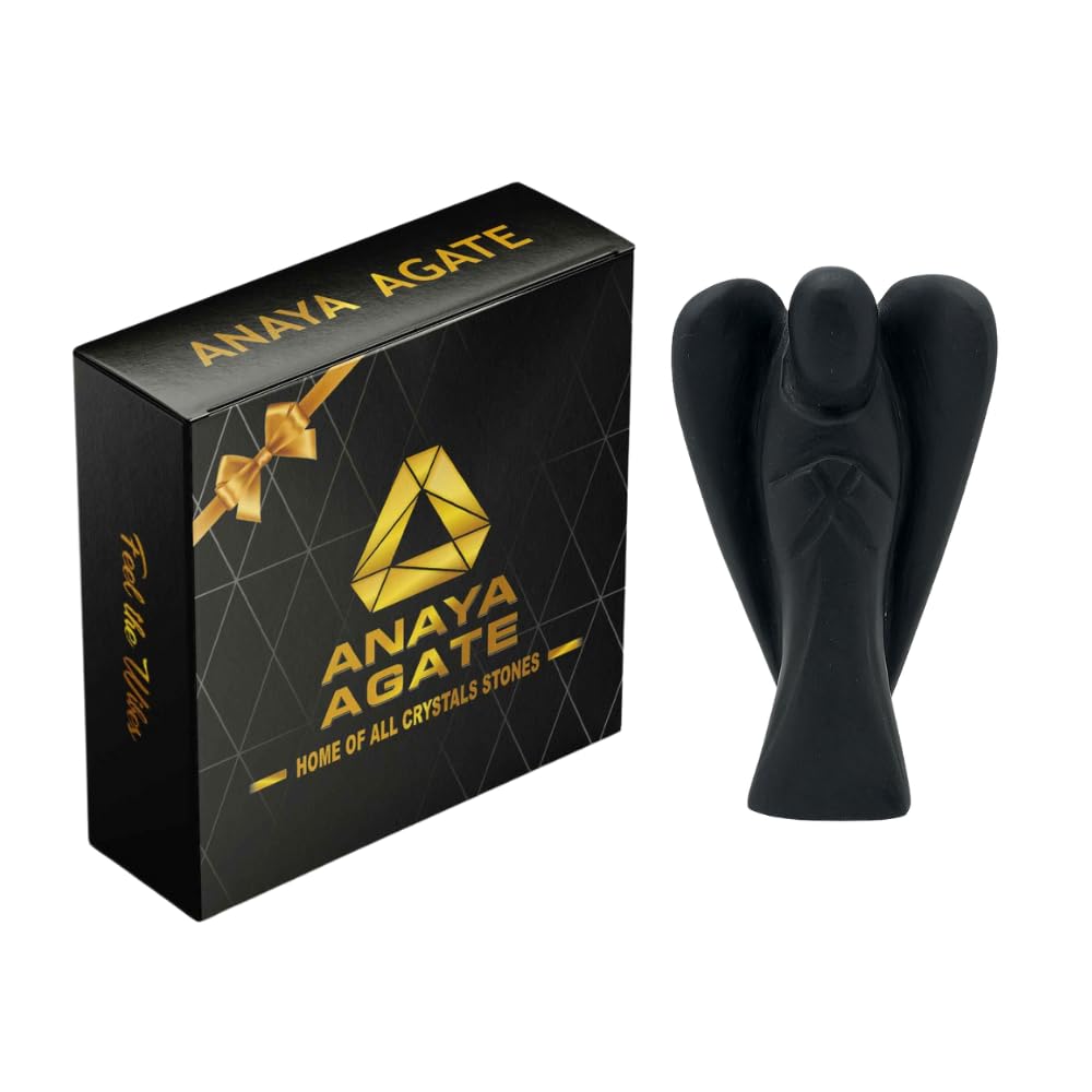 ANAYA AGATE Shungite Angel Statue 2" Certified Gemstone Guardian Angel Natural Crystal Angel Hand-Carved Angel Charms for Protection, Stress Reduction, Positive Energy Crystal Figurines Décor