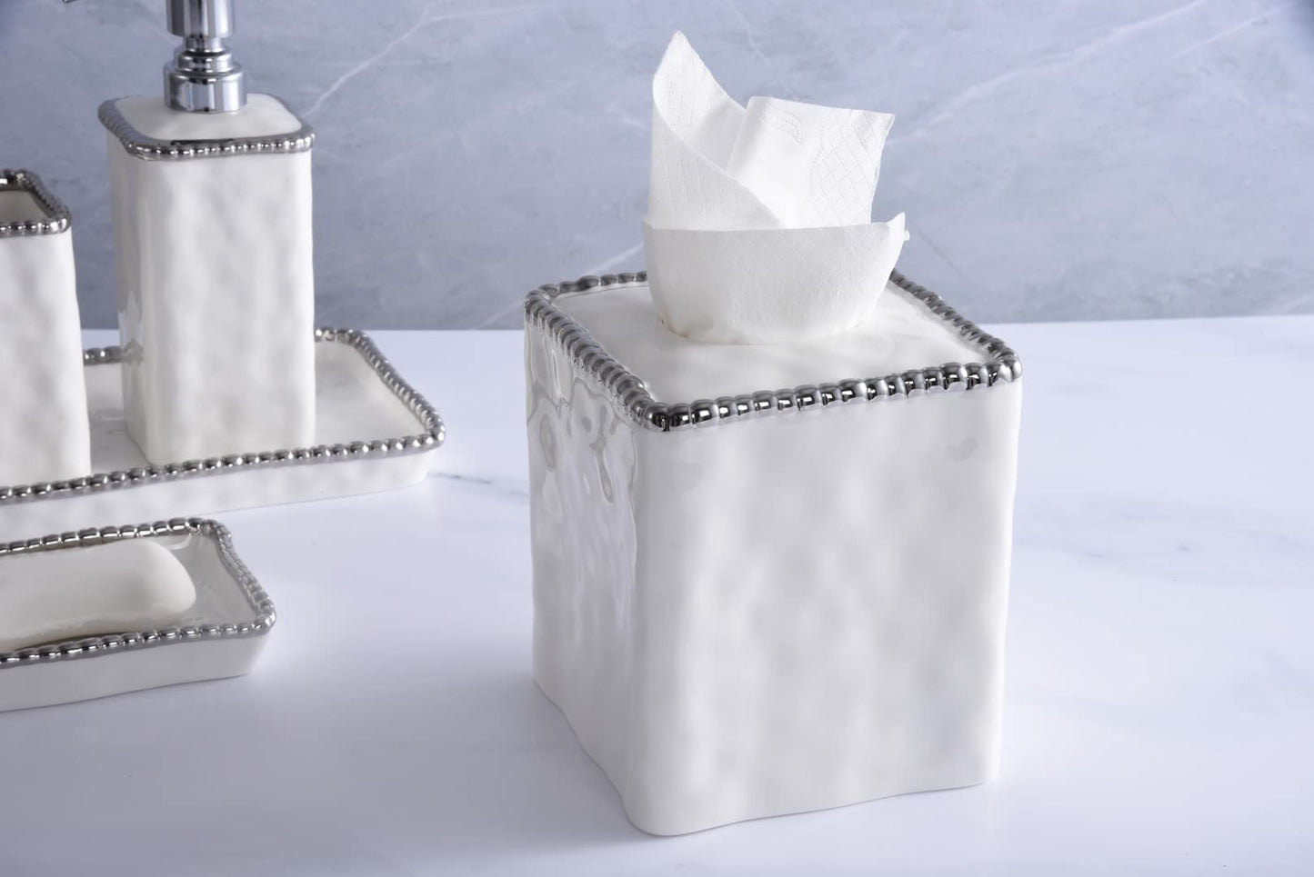 Pampa Bay Vanity Accessories with Silver Beads Square Tissue Box