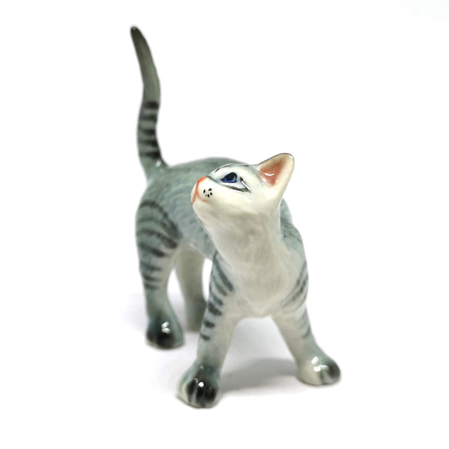 ZOOCRAFT Ceramic Cat Figurine Miniatures Stretching Gray Pet Lovers Collectibles Hand Painted Animal Poecelain
