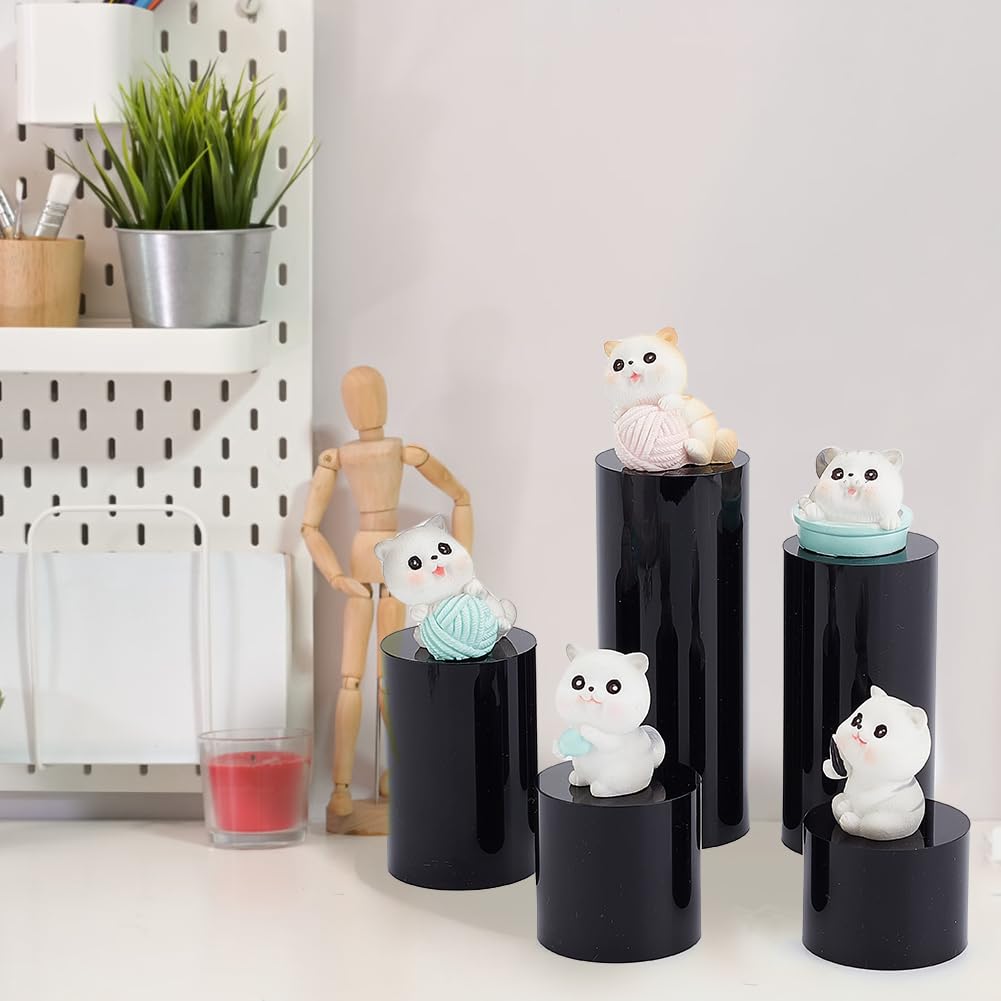 BENECREAT 5Pcs Black Acrylic Display Block 1.2/1.6/2.4/3.2/4 Inch Round Cylinder Solid Display Pedestal Stand for Jewelry Gem Display Pop Figures Cosmetic Showing