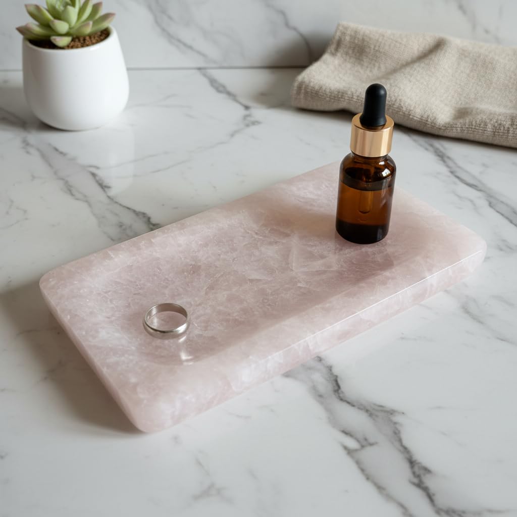 Lierlava Large Natural Rose Quartz Crystal Tray - 9.8" Pink Stone Jewelry Dish & Aesthetic Cosmetic Organizer - Luxury Decorative Catchall for Vanity, Bathroom, Nightstand Decor