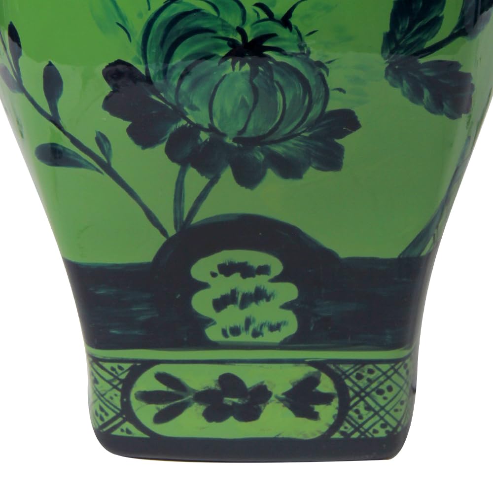 Andaliz Green Floral Ceramic Vase with Black Pattern, Hand-Painted Oriental Vase for Home Decor, 9.4 Inch Table Centerpiece, Modern Chinoiserie Vase