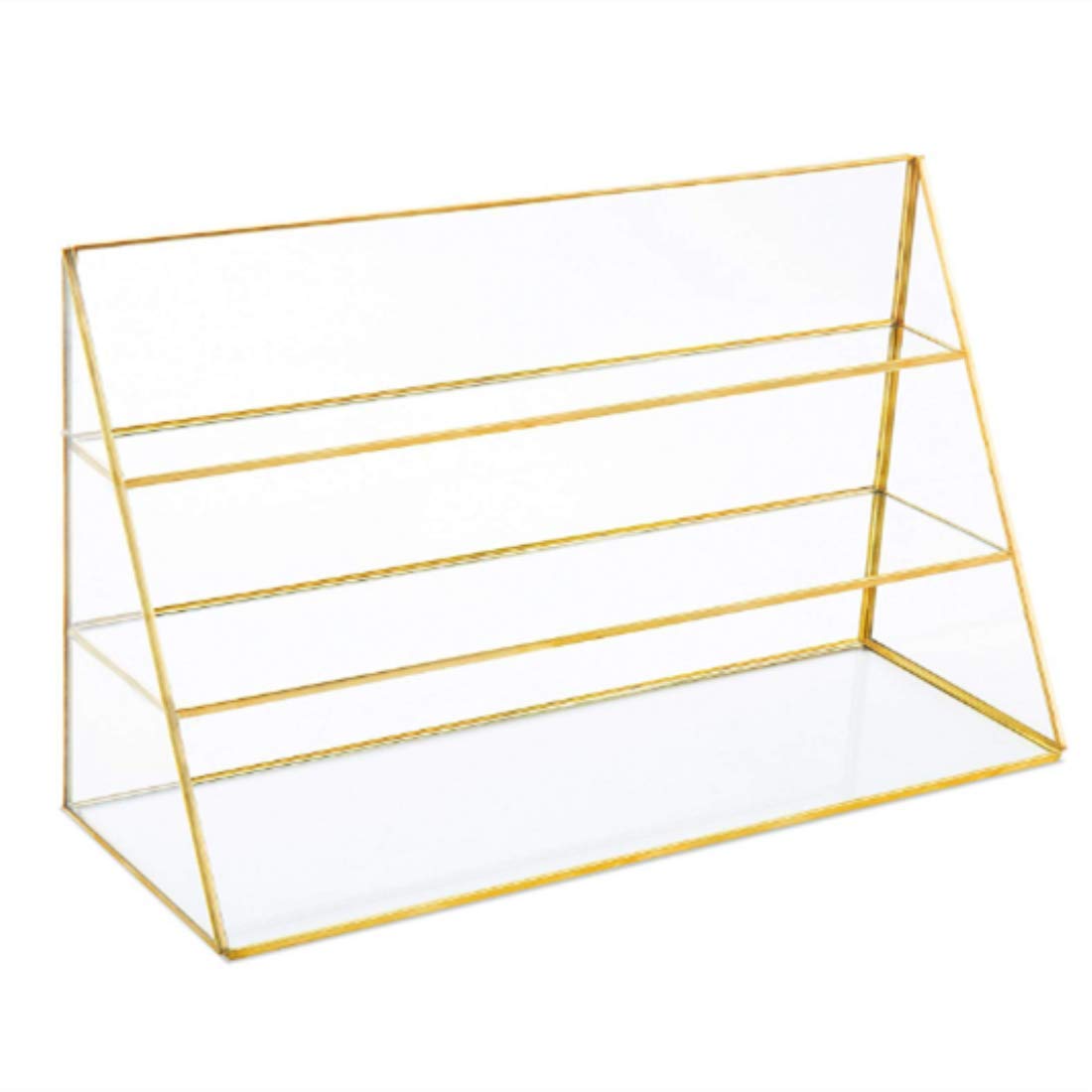 Yamfurvo 3-Tier Glass Triangular Prism Shaped Home or Retail Display Showcases, Jewelry Display Stands with Vintage Style Brass Tone Metal Frame (Large)