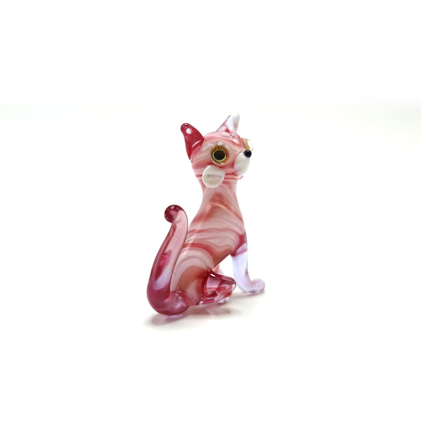 Sansukjai Tiny Cat Miniature Glass Figurine – Handmade Blown Glass Animal – Cute Collectible Cat Sculpture – Fairy Garden Pet Décor Gift (Pink)