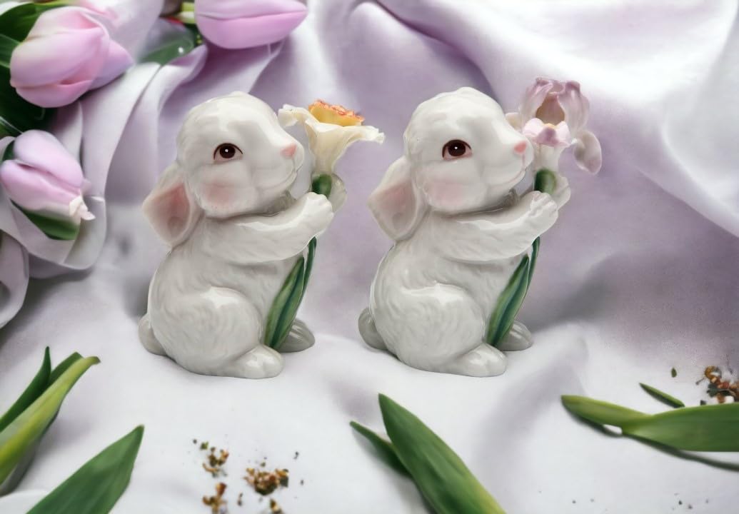 Fine Porcelain Spring White Bunny Rabbit Holding Iris and Daffodil Flower Salt & Pepper Shakers Set, 3-1/8" H