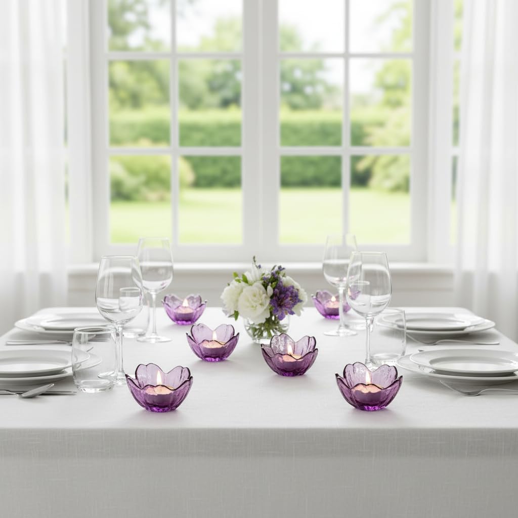 BIHOIB Glass Flower Tealight Candle Holders, Crystal Purple Pillar Candlestick Holders for Table Centerpieces, Wedding and Dinner Party (2, Crystal Purple)