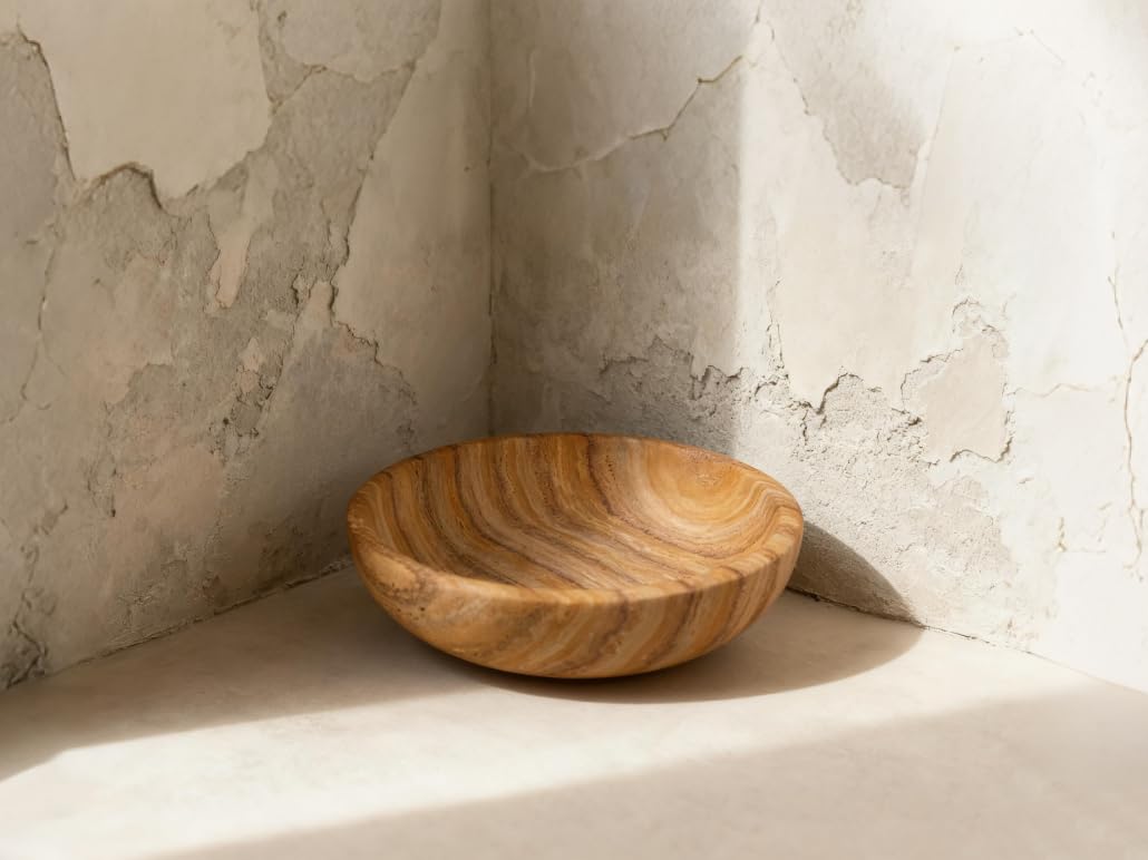 YeasHome Handmade Travertine Bowl Unique Pattern Natural Stone Centerpiece Bowl, 7.8" Decorative Key & Fruit Bowl for Bohemian Home Decor Kitchen Counter Entryway & Office Jewelry Holder, Art Object