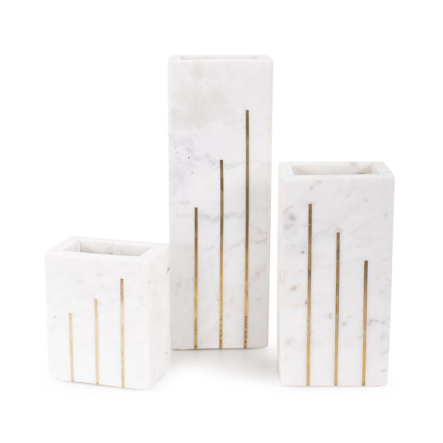 Howard Elliott Collection Brunner Marble Decorative Vase with Brass Inlay Accents, Rectangular Modern Flower Vase for Table, Shelf or Mantel Display, Water-Holding Design, 5x3x4 Inch, White Brass