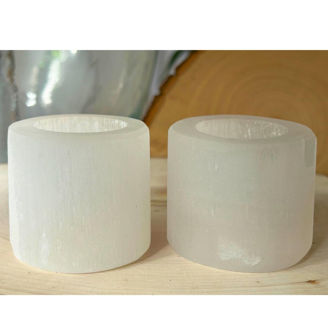 Selenite Tea Light Candle Holders Set of 2 – 2.5" Natural Moroccan Crystal Tealight Votive Cups – Reiki Energy Infused Raw Healing Crystals for Home Decor, Meditation Altars & Spiritual Gifts