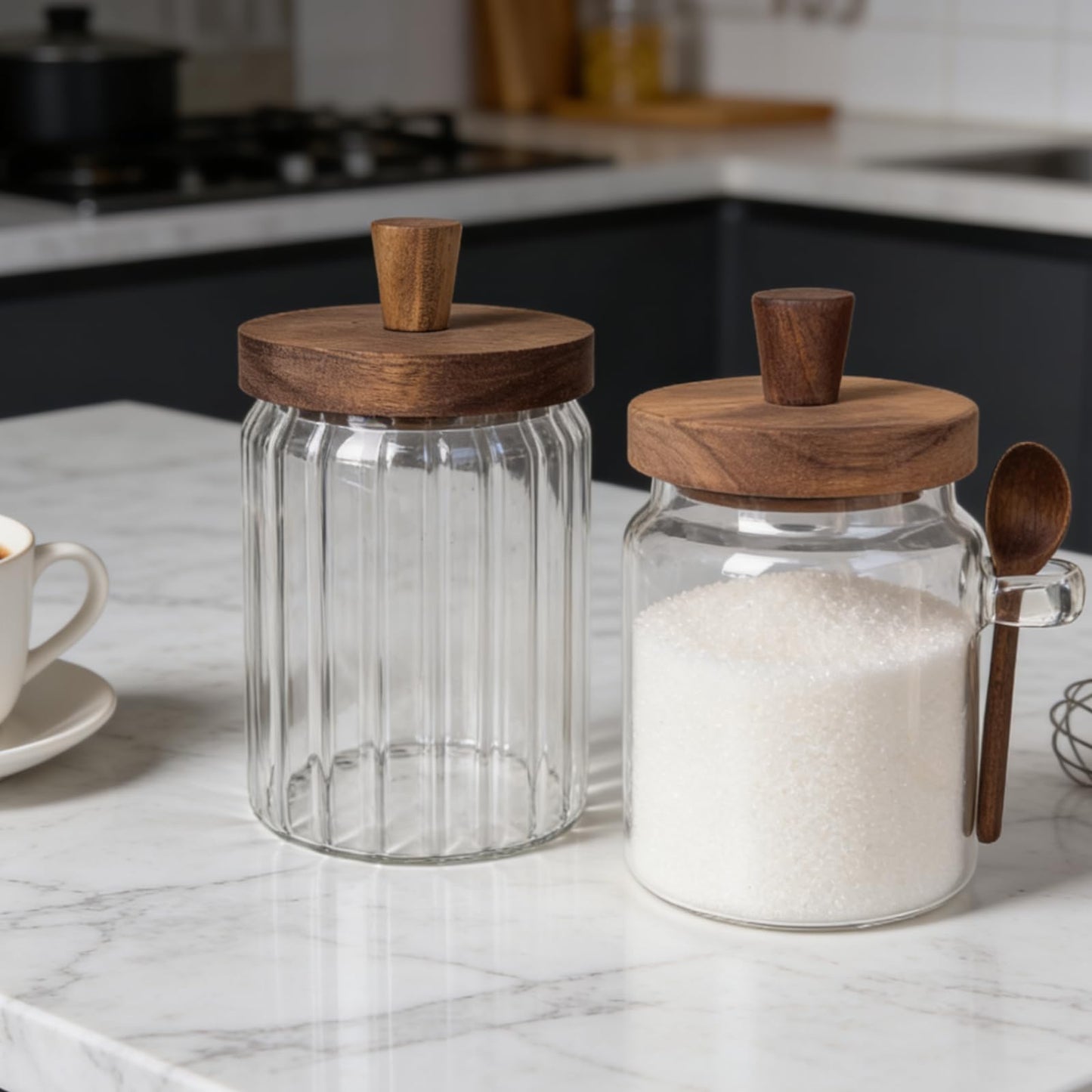BUITLU Sugar Bowl with Lid and Spoon,20 oz Sugar Container for Coffee Bar, Glass Coffee Canister, Airtight Food Storage Jar, Brown Sugar Container, Cereal Tea Salts Spice Jar(Stripe)