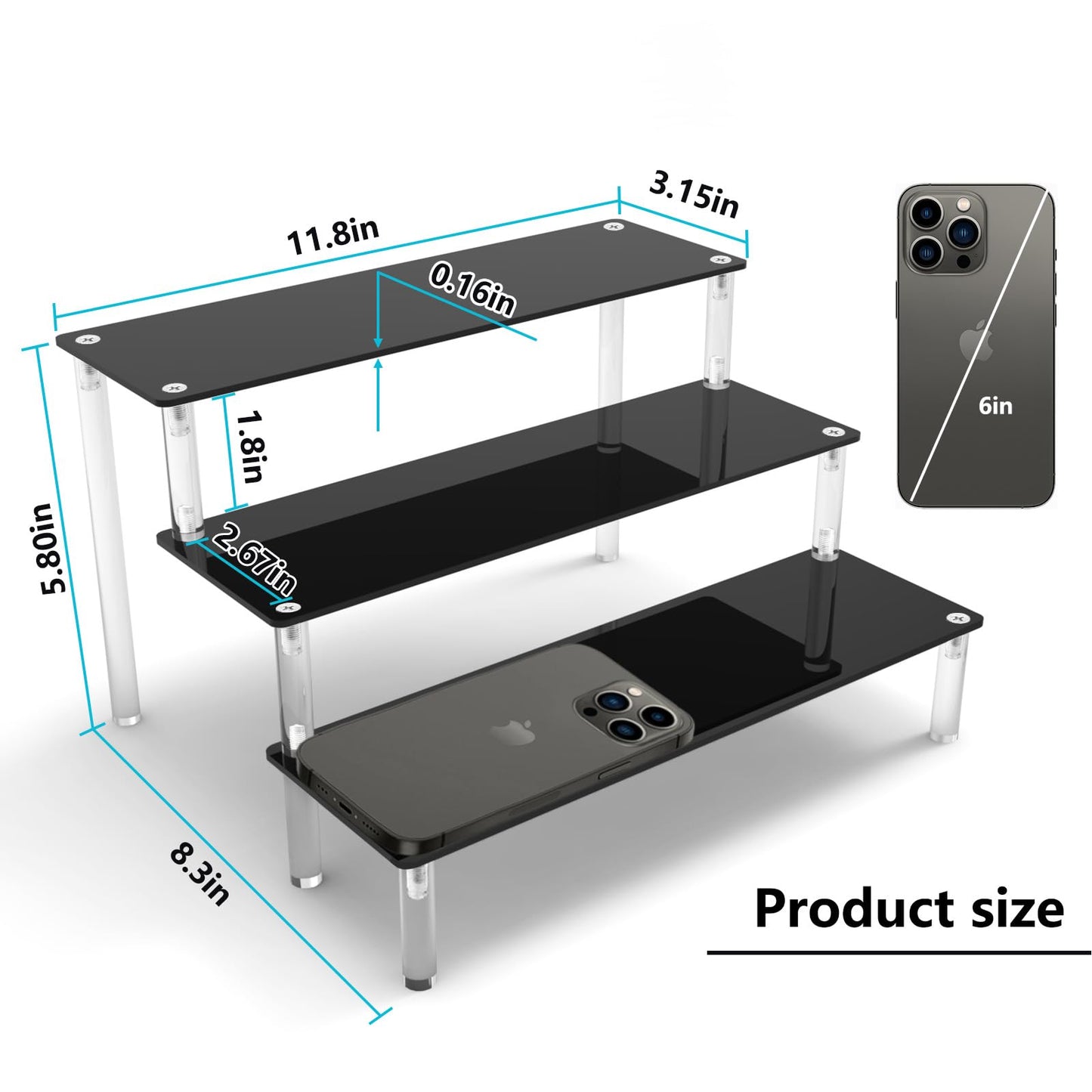 AZEAM Acrylic Riser, Black Display Risers Stand Large Collection Organizer Shelf for Cupcake Food Desserts Holder Cosmetic Products Tabletop Use and More (12 X 8 X 6 Inch) (2 Packs Black)
