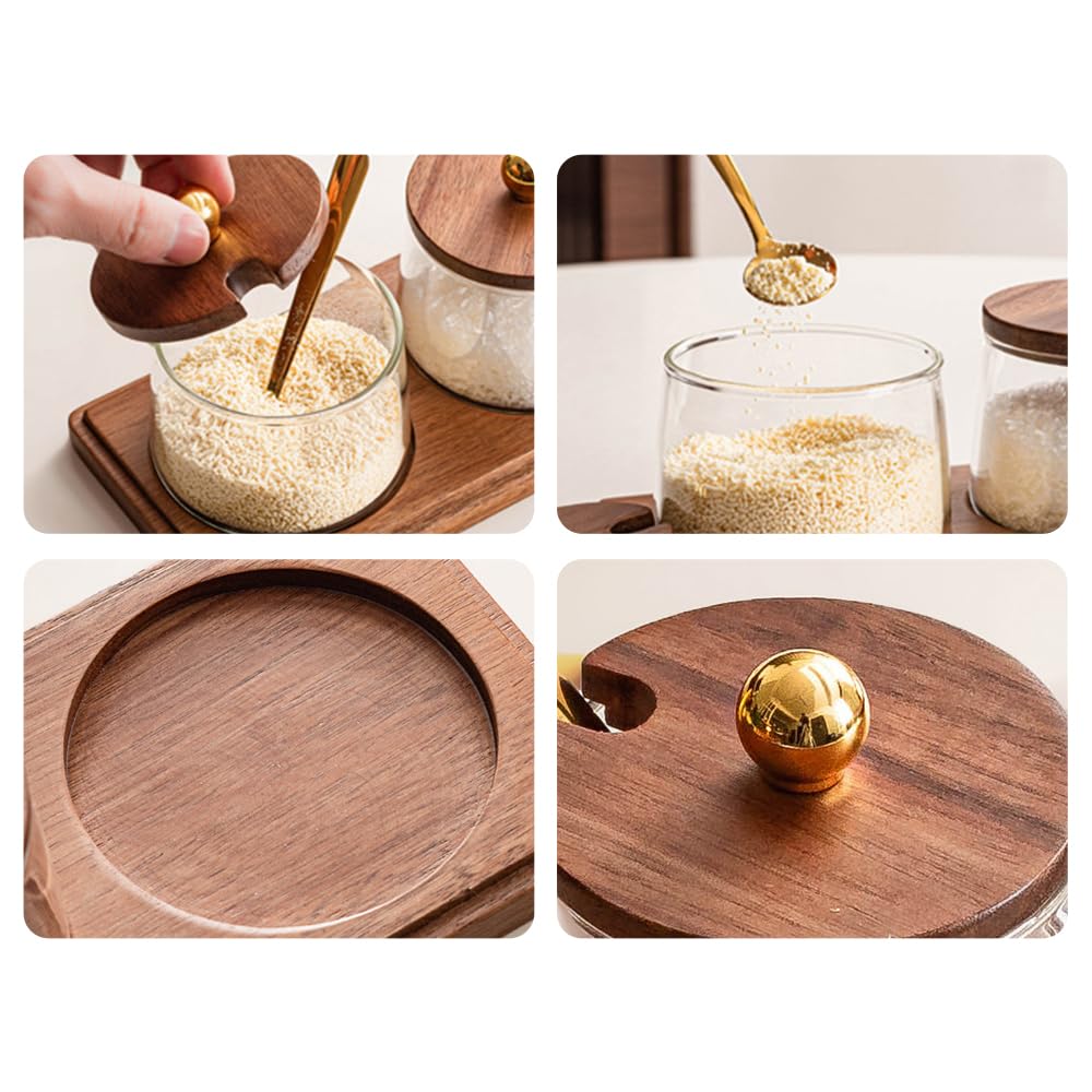 Condiment Containers Set with Acacia Wood Lids and Tray Seasoning Box Condiment Pots Jars with Spoons for Spice Salt Sugar Cruet (Gold Top, Single without Tray)