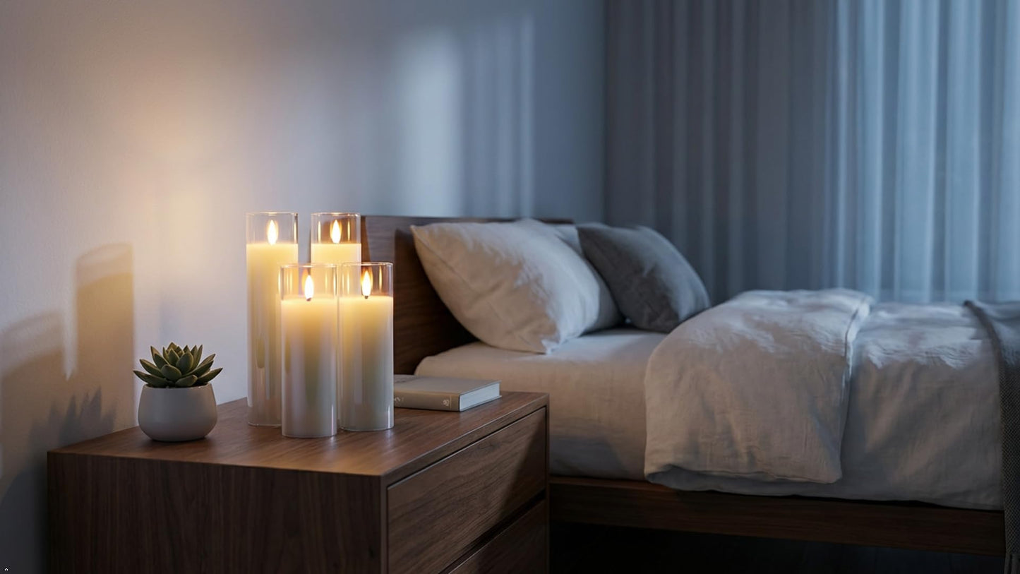 Rhytsing Glass Battery Operated LED Candles, White Slim Flameless Candles with Remote, Warm White Light, 8 Batteries Included - D 2‘’ - Set of 4 (Pearlescent)