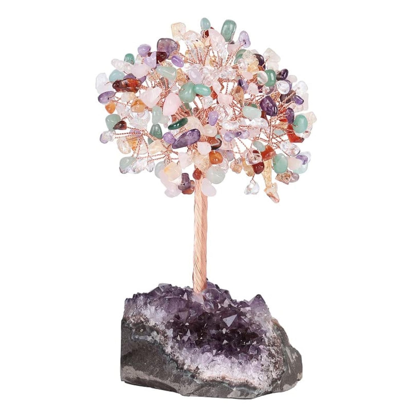 Sumgiftforall Natural Healing Stones Crystal Tree on Amethyst Druzy Base Bonsai Tree of Life For Health and Luck Healing, Home Office Indoor Outdoor Decor, Rose Quartz and Aquamarine