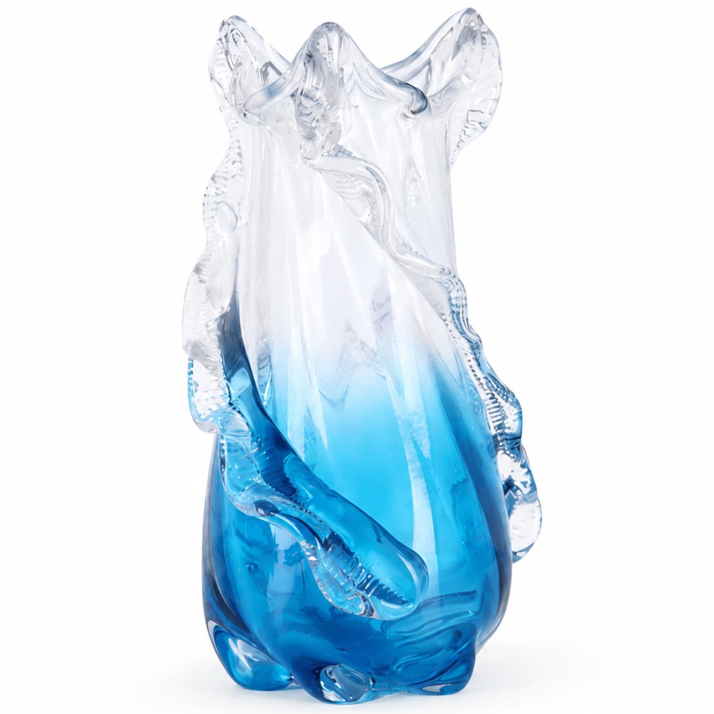 Hand Blown Blue Glass Vase, Sea Glass Ombre Wavy Coastal Vase, Murano Style Decorative Glass Vase for Home Centerpiece, Coffee Table, Living Room & Office Decor (Medium)