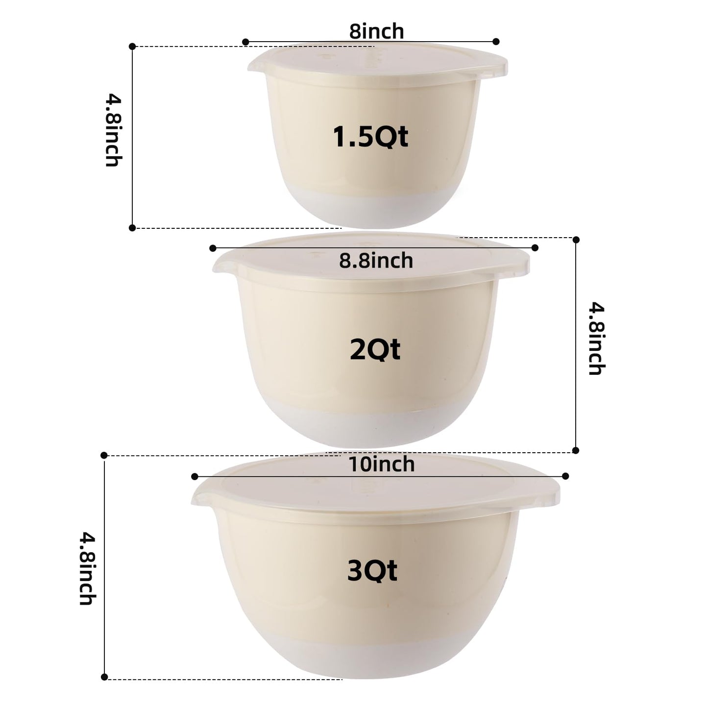 JCXivan 3 Plastic Mixing Bowls with Pour Spout,Lids and TPR Non-Slip Bottom,Small Nesting Batter Bowl Set for Kitchen Prep,Baking,Storage,BPA Free,Easy to Grip,1.5Qt,2Qt,3Qt,White