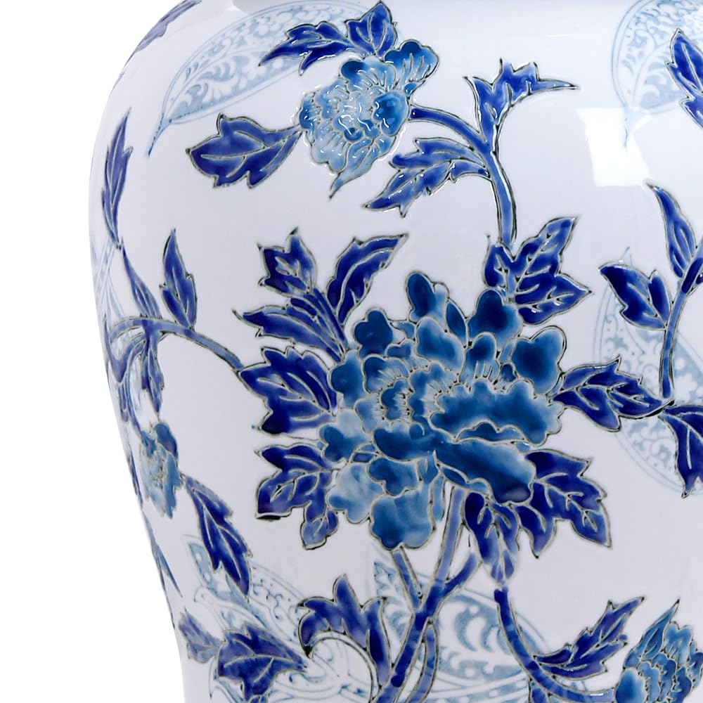 Andaliz Large Blue and White Ceramic Ginger Jar with Gold, 18.1 Inch Floral Vase Floor Decor for Living Room, Entryway Home Accent