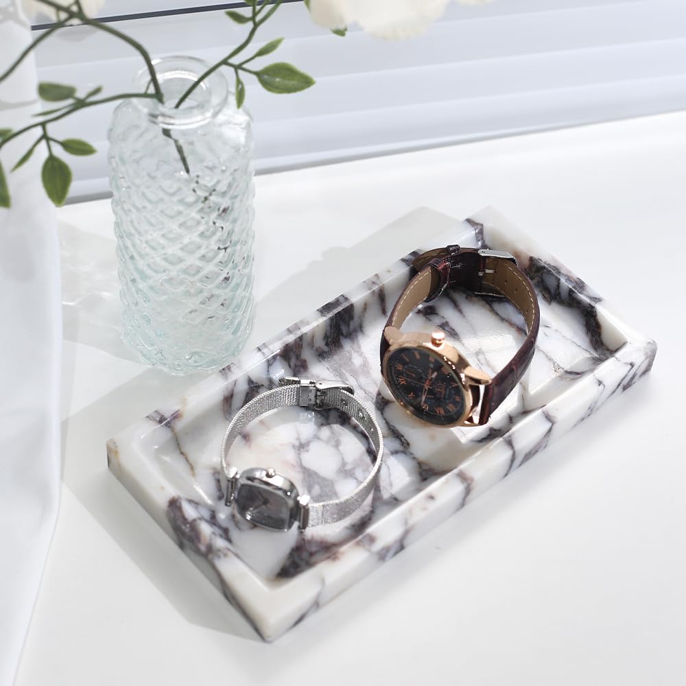 Small Marble Bathroom Tray, Real Marble Vanity Tray, Natural Stone Organizer for Countertop, Mini Marble Organizer for Jewelry Perfume Towel, Non-Resin Non-Ceramic (Calacatta Viola 7.9″ x 3.9″ x 0.7″)