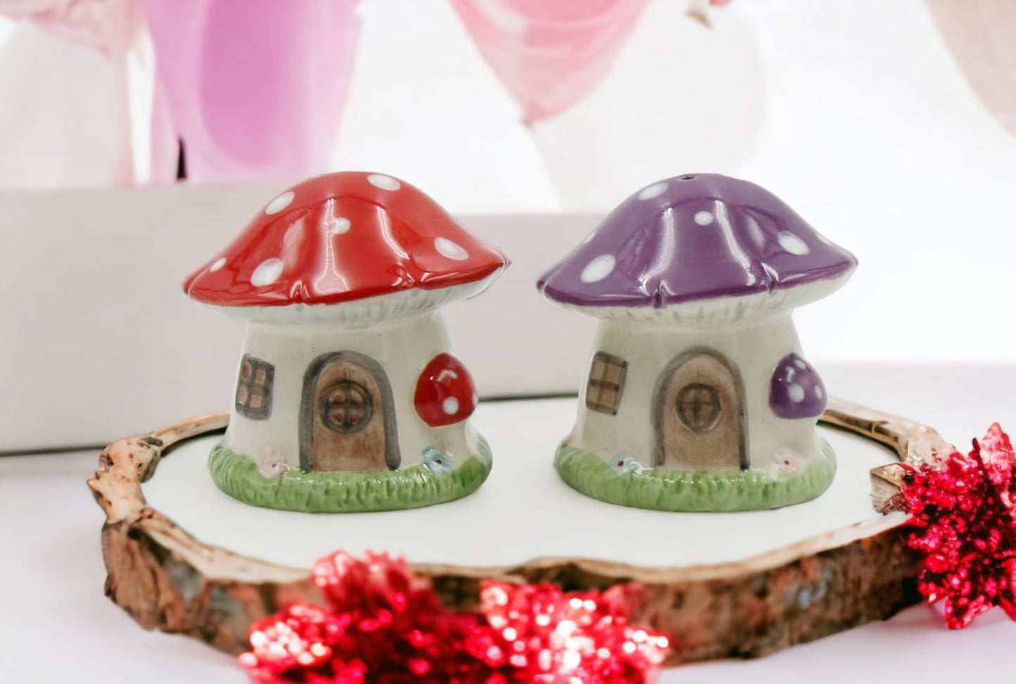 Fine Ceramic Fairy Mushroom House Salt & Pepper Shakers Set, 2-5/8"