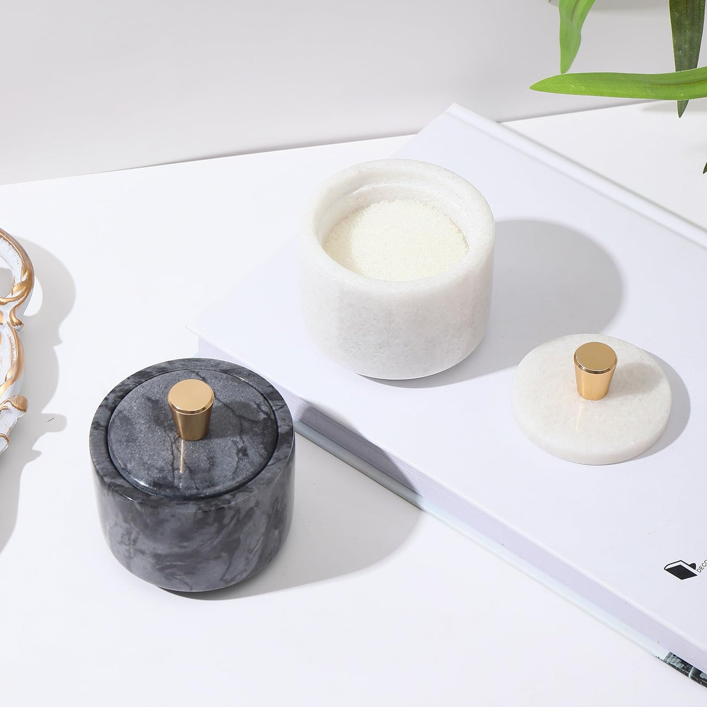 QISENMOR Marble Salt Cellar with Lid and Brass Knob 3.15" Spice box Salt Container Seasoning Jar for Kitchen tone Salt Holder for Counte-Ideal for Sea Salt, Spices and Herbs (White) (Black)