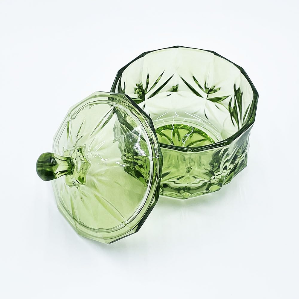 EWEIGEER 8oz Glass Candy Dish with Lid,Small Crystal Chrismas Candy Jar,Cotton Round Holder,Office,Bathroom,Dining Room Organizer(Olive Green)