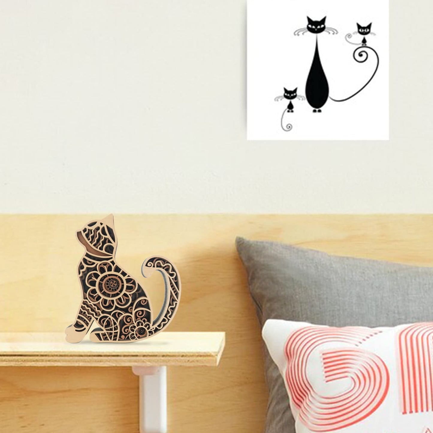 Laisgee Multi-Layered Cat Decor, Farmhouse Wooden Cat Craft 4 Layer Rustic Kitten Self-Standing Statue Desktop Shelf Tier Tray Display Cat Lovers Gift 6''