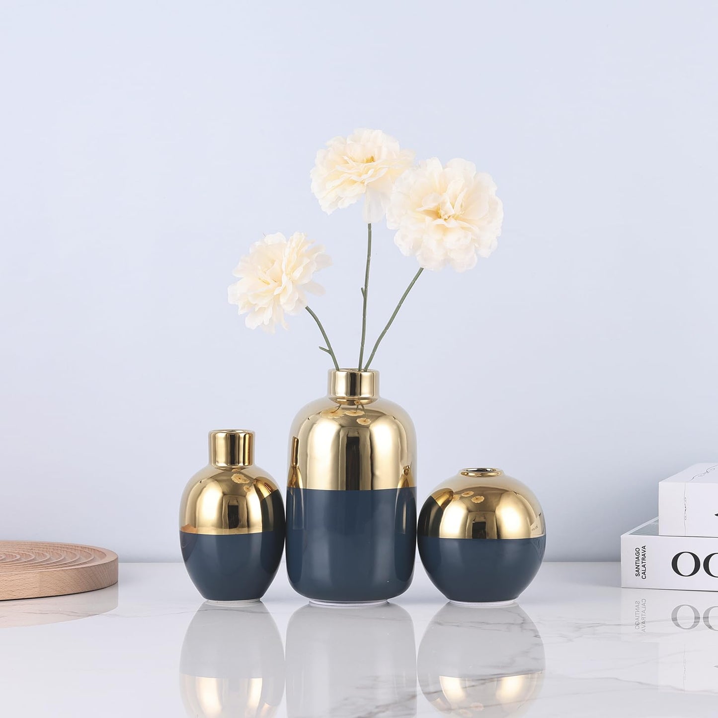 Blue & Gold Ceramic Vase Set of 3, Modern Round Circle Electroplated Two-Tone Decorative Vases for Pampas Grass, Dining Table Wedding Centerpiece, Living Room Bedroom Office Bookshelf