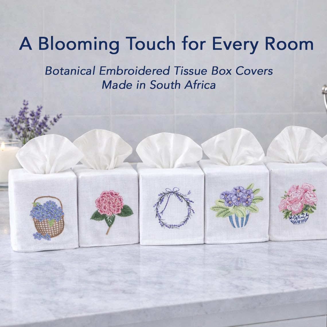 Jacaranda Living Square Tissue Box Cover, Linen/Cotton Fabric Tissue Holder, Decorative Cloth Tissue Cube Cover, Botanical Designs, Apple Blossom (White)