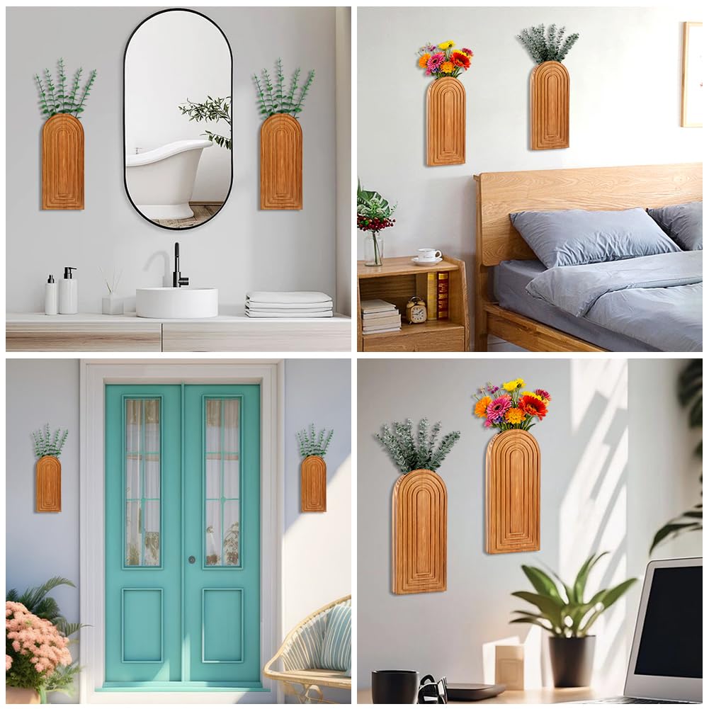 Set of 2 Wooden Wall-Mounted Vases for Dried Flowers, Boho Hanging Planters with Invisible Nails, Modern Farmhouse Home Decor for Living Room, Bedroom, Entryway, Bathroom