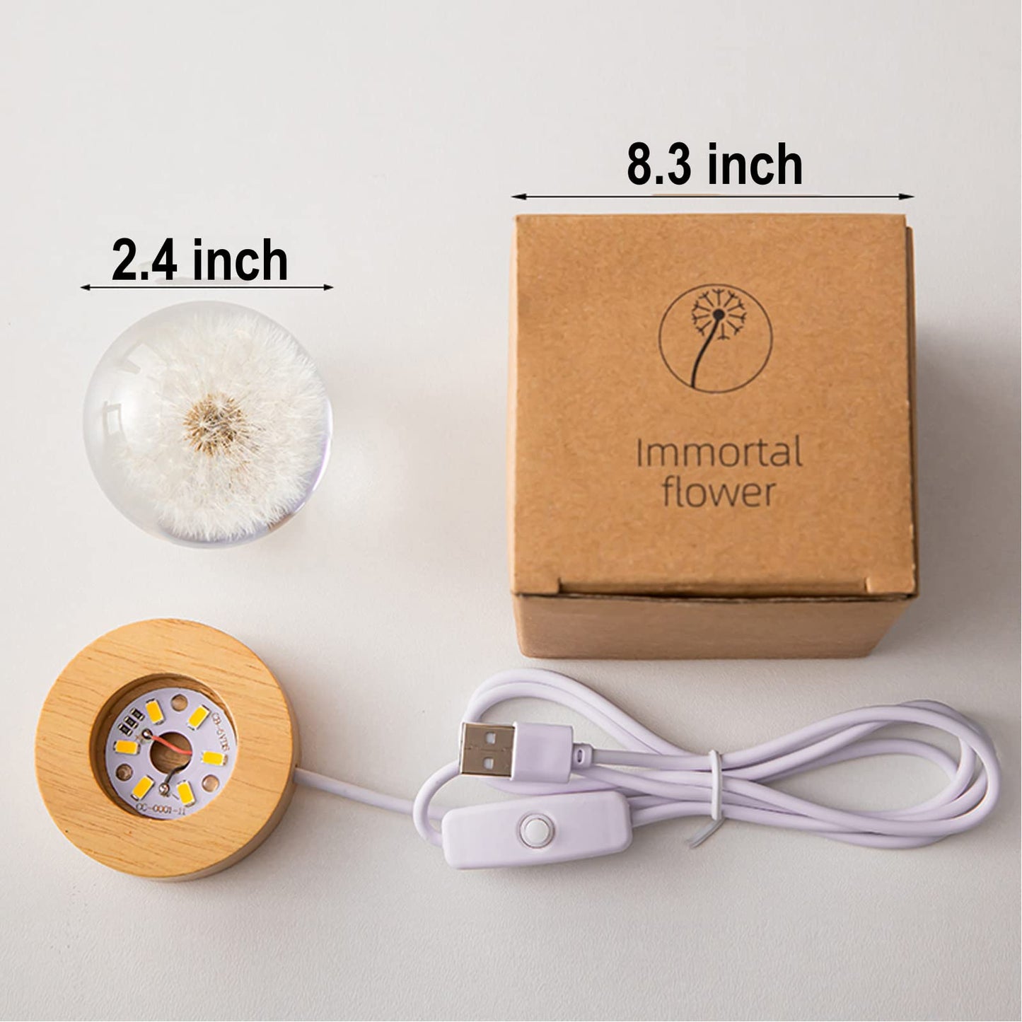 MARZIUS Flower Crystal Ball Night Light,2.4 inch Glass Ball Night Lamp with Woodern Base (Dandelion)
