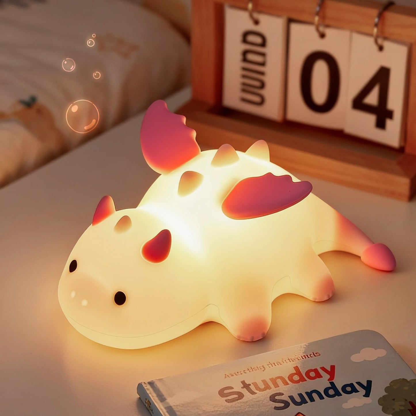 Myzztek Dinosaur Lamp Pink for Kids Room, Pat Control Dragon Light for Breastfeeding, Silicone Night Light Nursery Bedside Lamp, Rechargeable Pat Light w/RGB Mode for Bedrooms/Living Room/Decor/Gift
