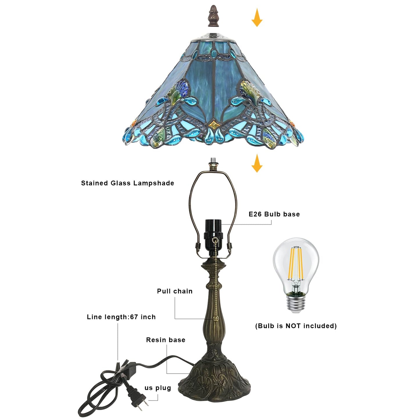 TFNTCYG Tiffany Table Lamp,Blue Victorian lamp,12x12x19 Inche Stained Glass Lamp,Vintage Bedside Light.(Baroque)