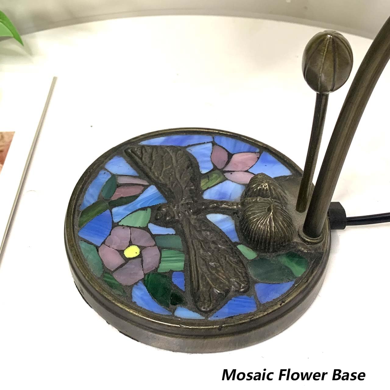 Bieye L10929 Tiffany Style Stained Glass Dragonfly Table Lamp with Mosaic Flower Base for Home Decor