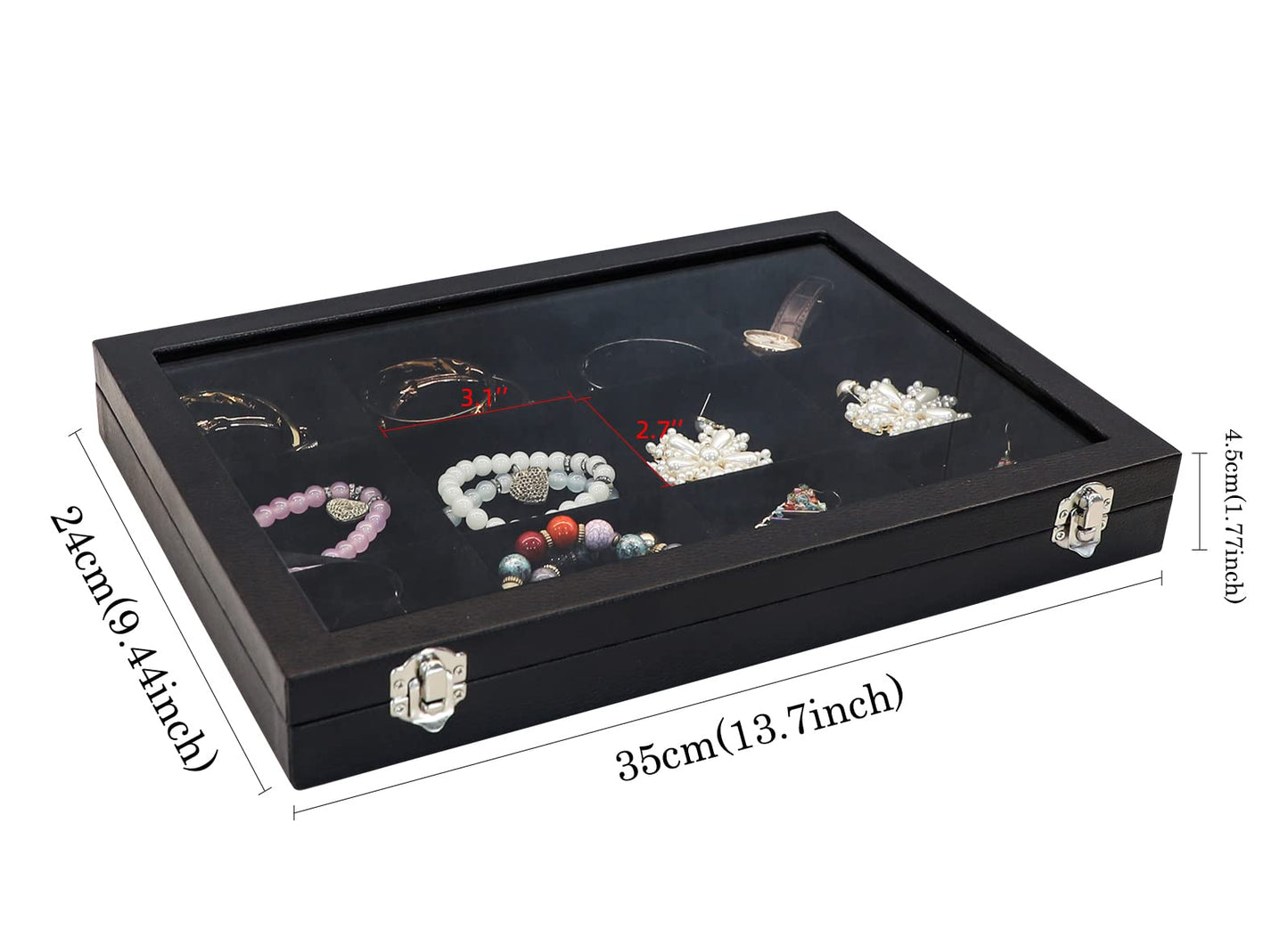 Wudygirl Jewelry Tray 12 Grid Jewelry Organizer with Clear Lid Bracelet Holder Organizer Display Case Removable, Black Velvet (12 Grid)
