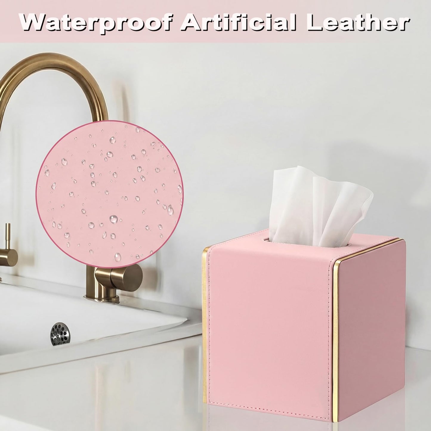 Sumnacon PU Square Tissue Box Cover, Magnetic Bottom, Waterproof, Pink