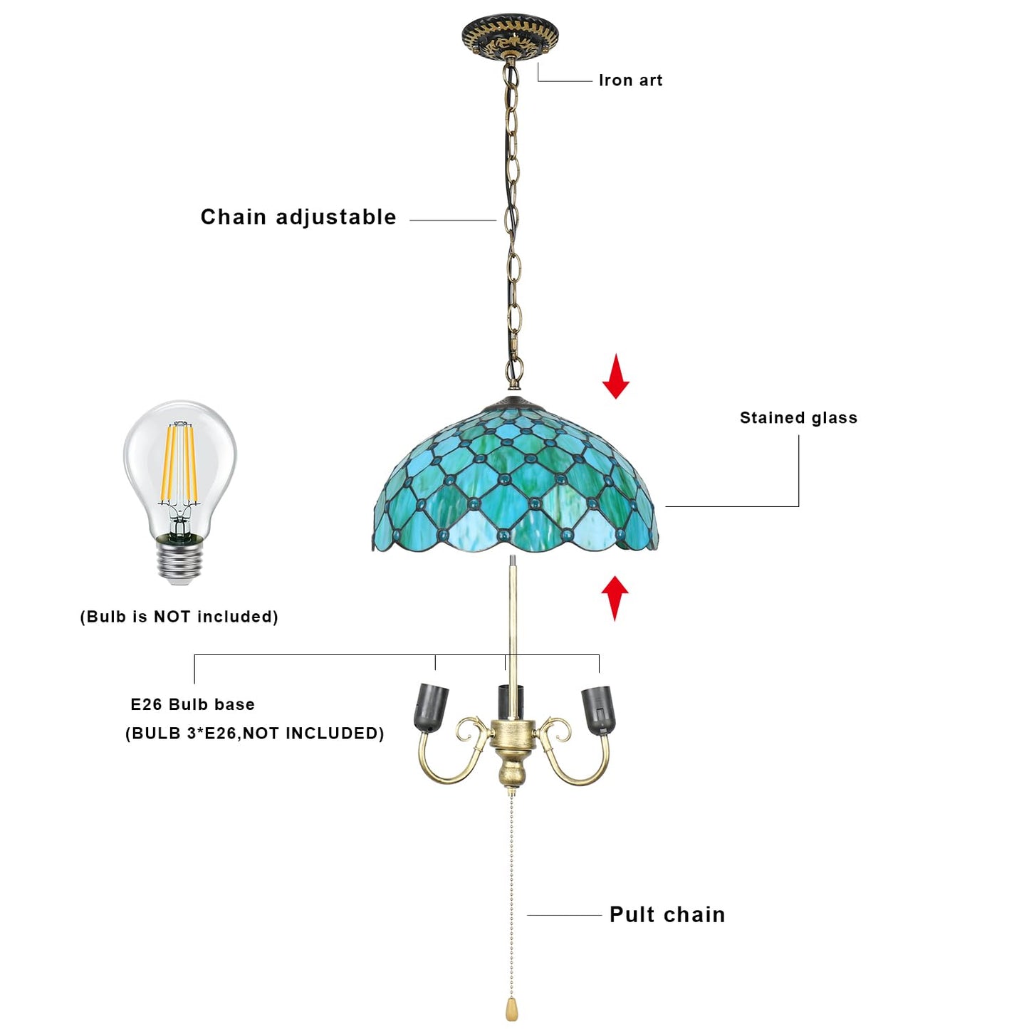 TFNTCYG Tiffany Pendant Light, Sea Blue Pearl Style Stained Glass Lamp, 16'' Wide 3-Light Inverted Ceiling Pendant Lights for Living Dining Room Kitchen Bedroom Entryway