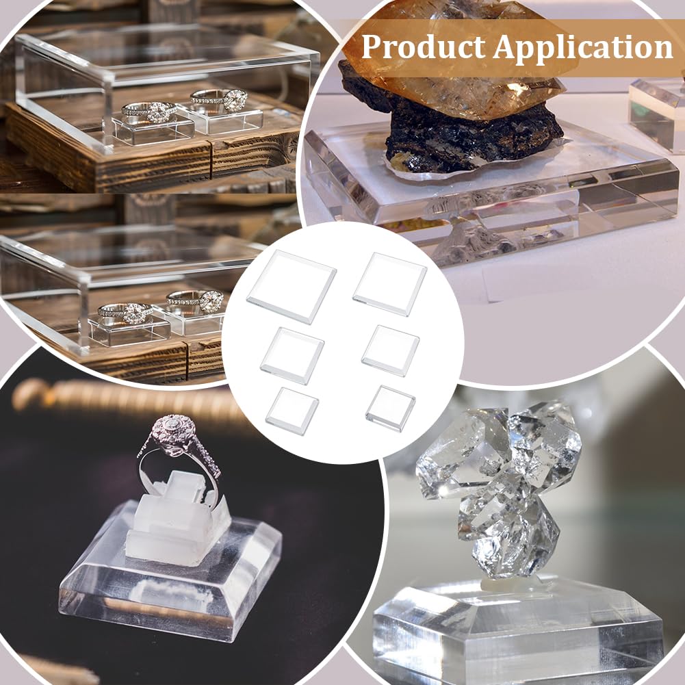 PH PandaHall 6 Pack Clear Crystal Glass Display Base, 6 Size Square Flat Glass Display Stand Blocks Cube Polished Riser Pedestal Stand for Figurines Collection Jewelry Crafts 1.2/1.6/2/2.4/3/4 inches