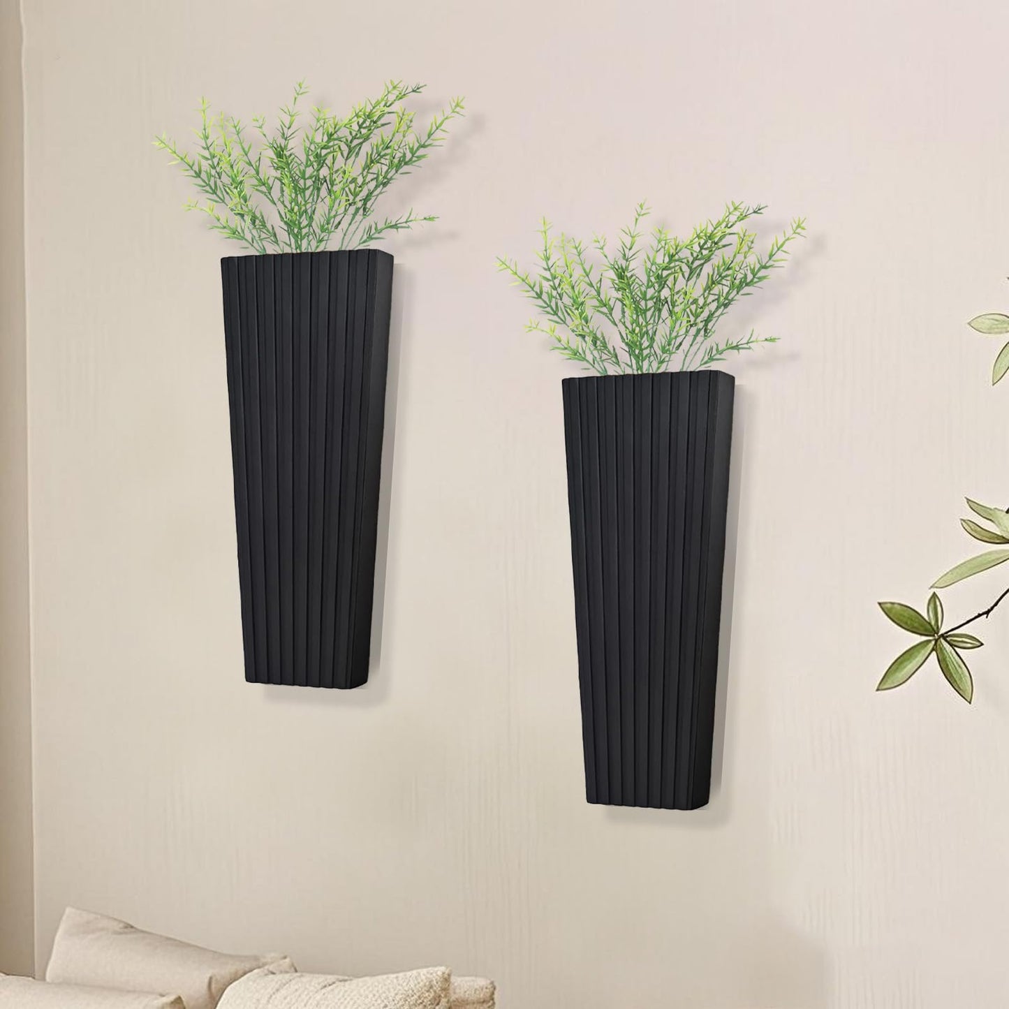 FENNIDICE 2Pack Black Wood Wall Planter for Indoor +2Pack Green Plants,Modern Wooden Hanging Planter for Dried,(Black) Abstract Vase Farmhouse Wooden Wall Decor