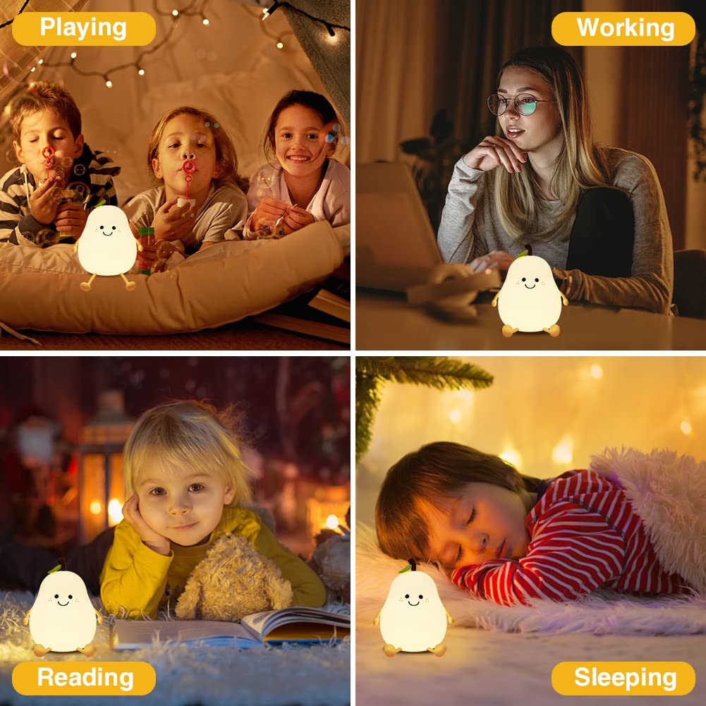 LED Cute Pear Night Light, Rechargeable Silicone Fruit Night Lamp, Kawaii Bedside Lamp, 2 Modes (Warm Light/Multicolor), 30/60 Min Timing, Eye-Protection Portable Nursery Lamp