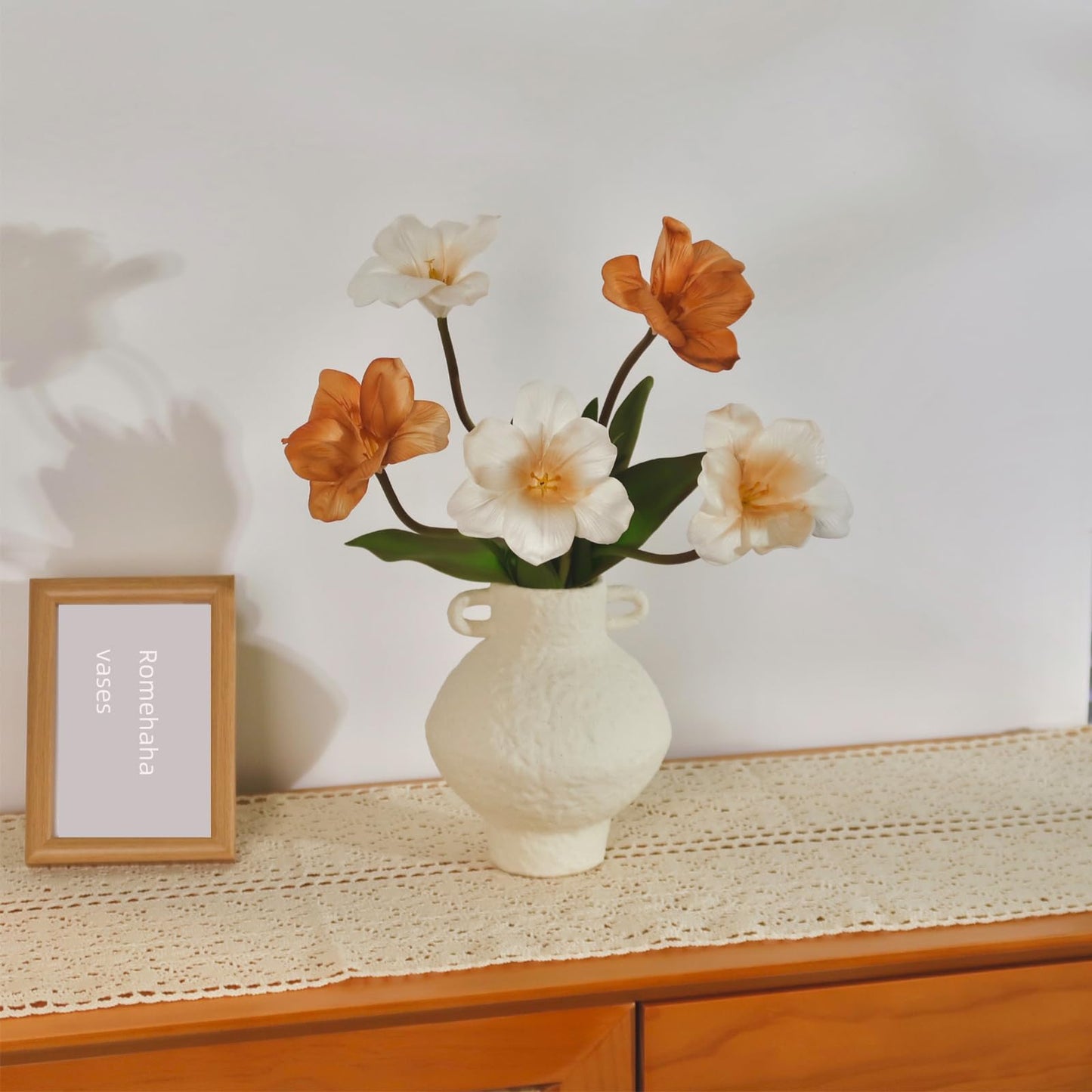 Ceramic Flower Vase with Handle, 7.1 inch Decorative White Vases for Home Decor, Farmhouse Rustic Vases for Table Mantle Fireplace Living Room Bathroom Wedding Centerpiece