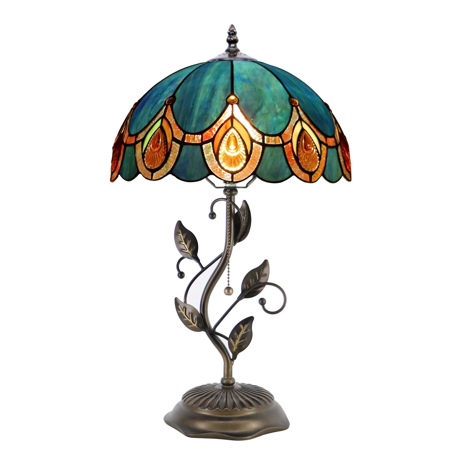HWDFEI Tiffany Table Lamp, Stained Glass Style Desk Lamp, 12X12X19 Inch,Bedside Reading Light, Metal Leaf Base(Peacock Crystal Style
