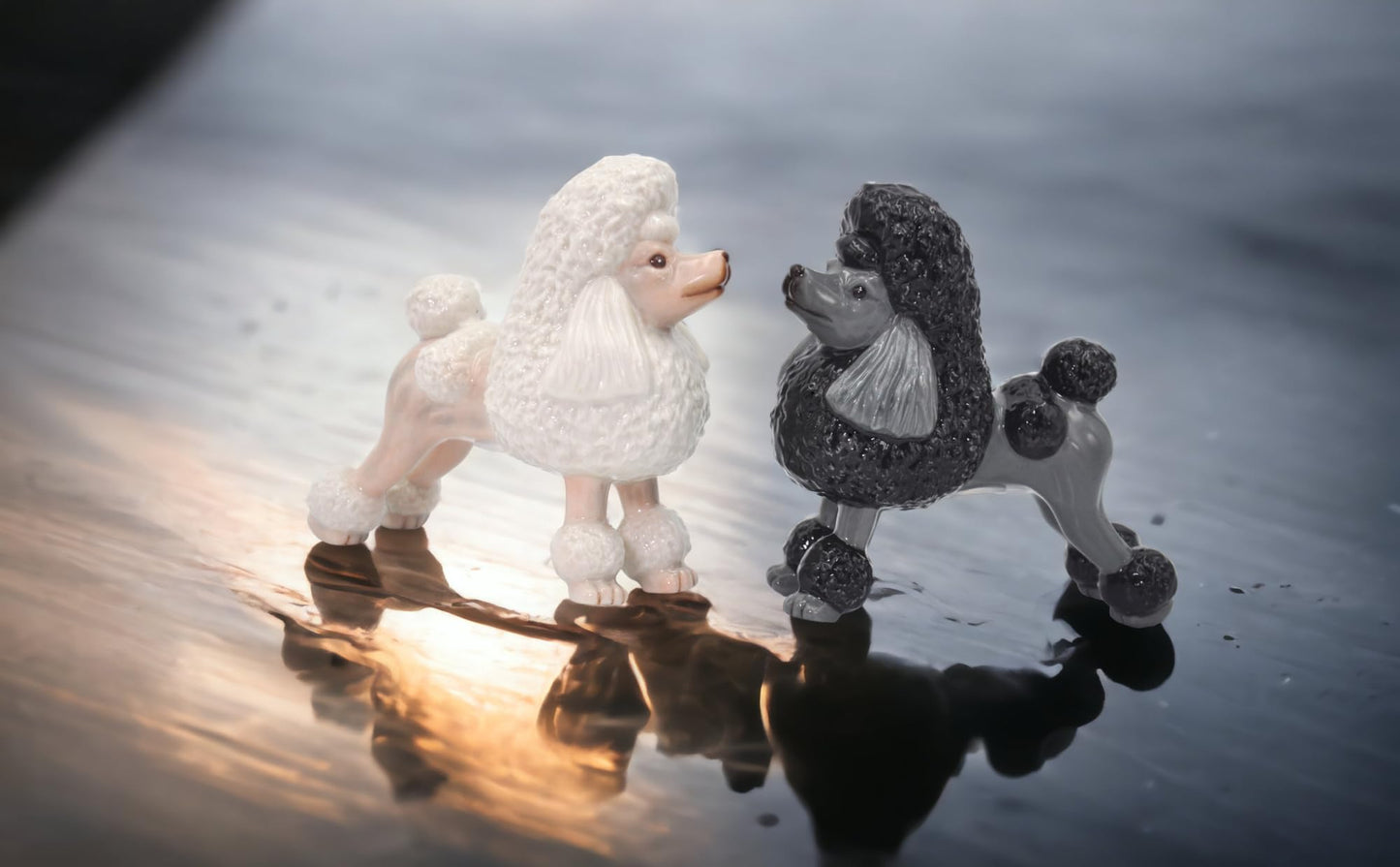 Fine Porcelain Black and White Poodle Dogs Salt & Pepper Shakers Set, 3-7/8" H