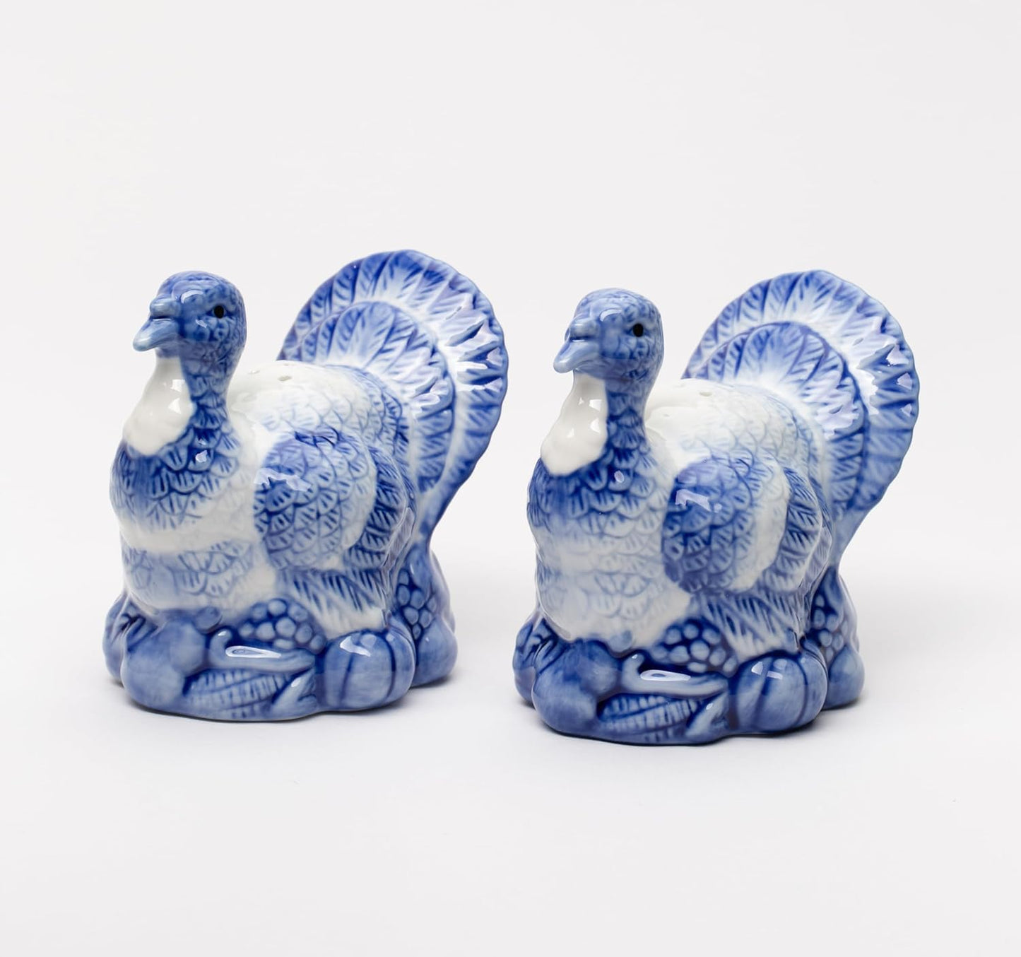 Fine Ceramic Dutch Blue Thanksgiving Harvest Turkey Salt & Pepper Shakers Set, 3-3/4" H