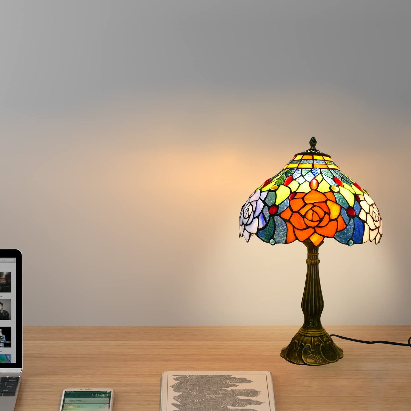Tiffany Table Lamp Stained Glass Peony Flower Style Table Light, 12" Wide 19" Tall Handmade Bedside Table Night Lamp, Antique Art Craft Gifts for Living Room Bedroom Study Bookcase Desk Light