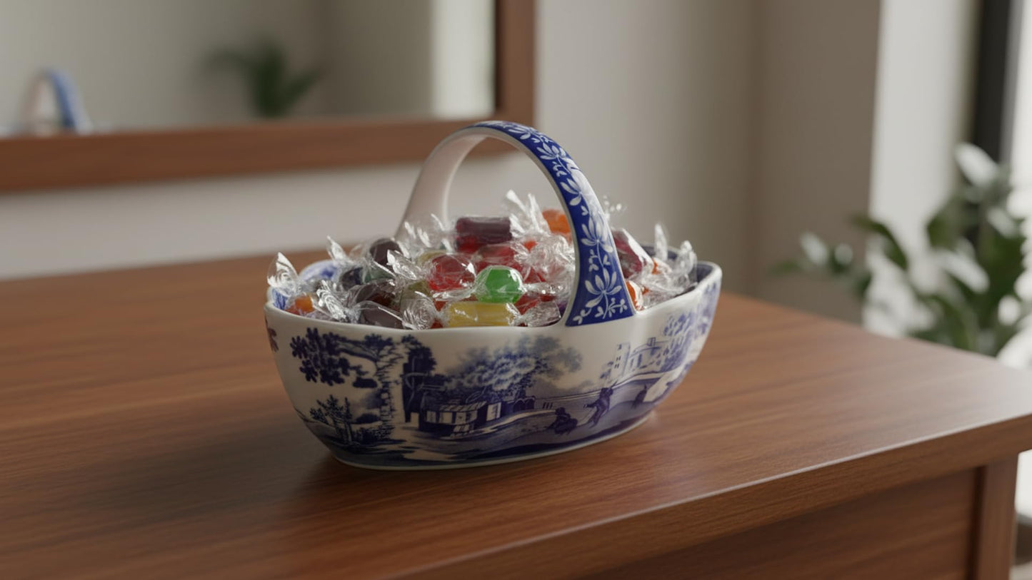 Spode Blue Italian Porcelain Handled Basket with Chip-Resistant Glaze - 6 Inch Decorative Serving Dish for Holiday Gift Giving, Hostess Presentation, Seasonal Table Accents